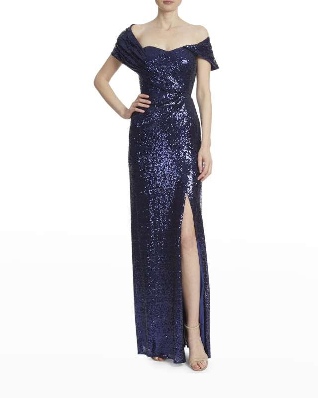 Off-Shoulder Sequin Column Gown